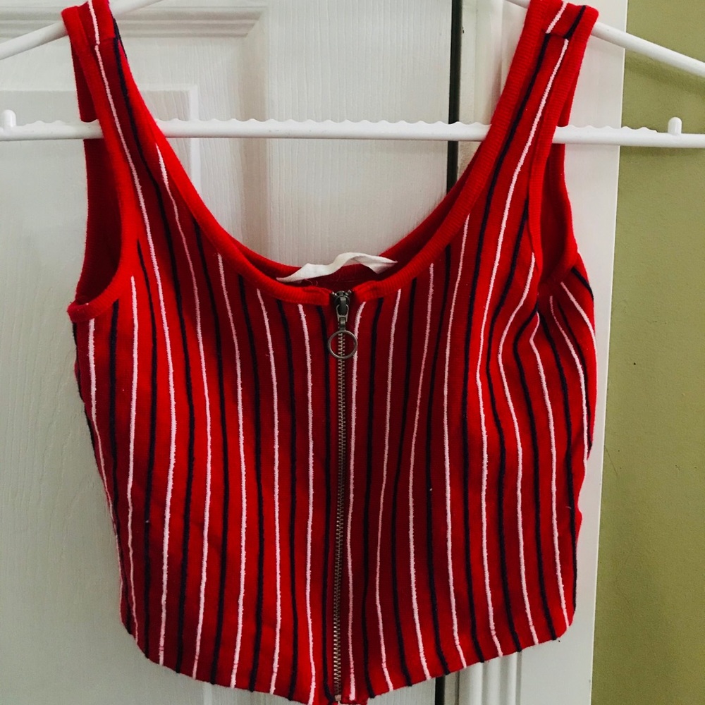 Red Striped Zip Up Crop Top